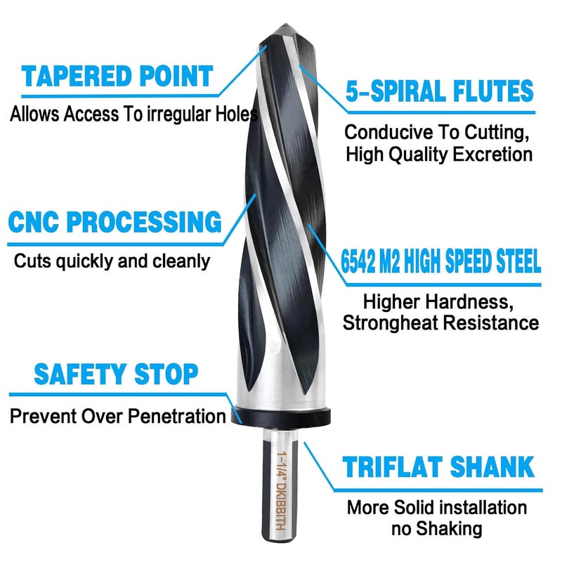 DKIBBITH 1-1/4" Bridge Construction Reamer Drill Bit, M2 HSS Taper Chucking Reamer for Steel Alloy Metal Wood Plastic, 1/2" Non-Slip Shank, 5-Spiral Flutes Car Reamer, to Align or Enlarge Holes, 32mm - Image 3